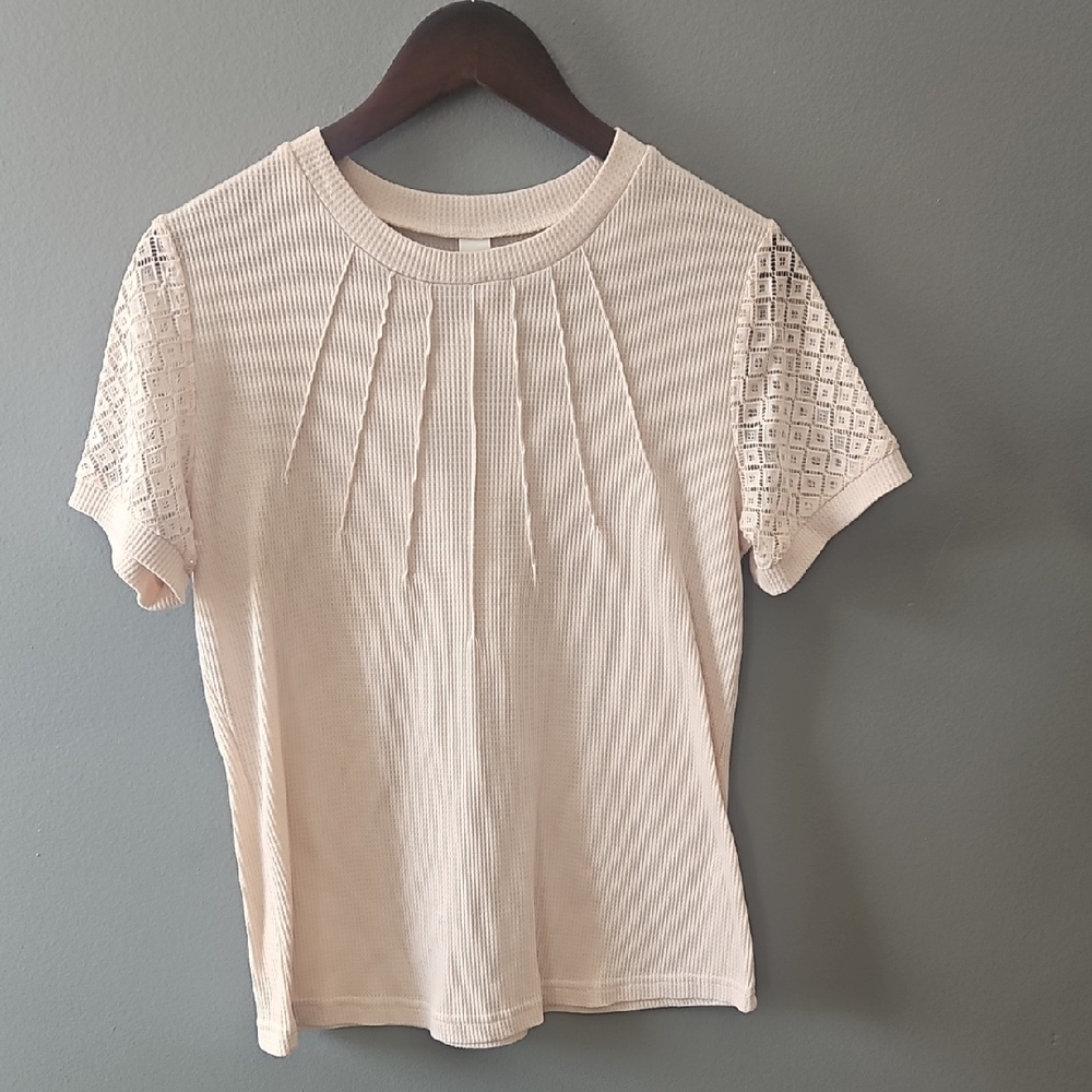 Mono B Cream Textured Short Sleeve Top Romantic Feminine Dainty Classic